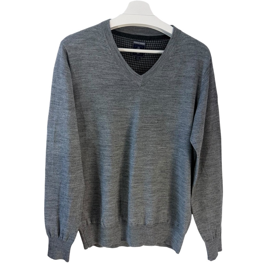 POINT ZERO COLLECTION Grey Merino Blend V-Neck Knit Sweater Large - Picture 7 of 14